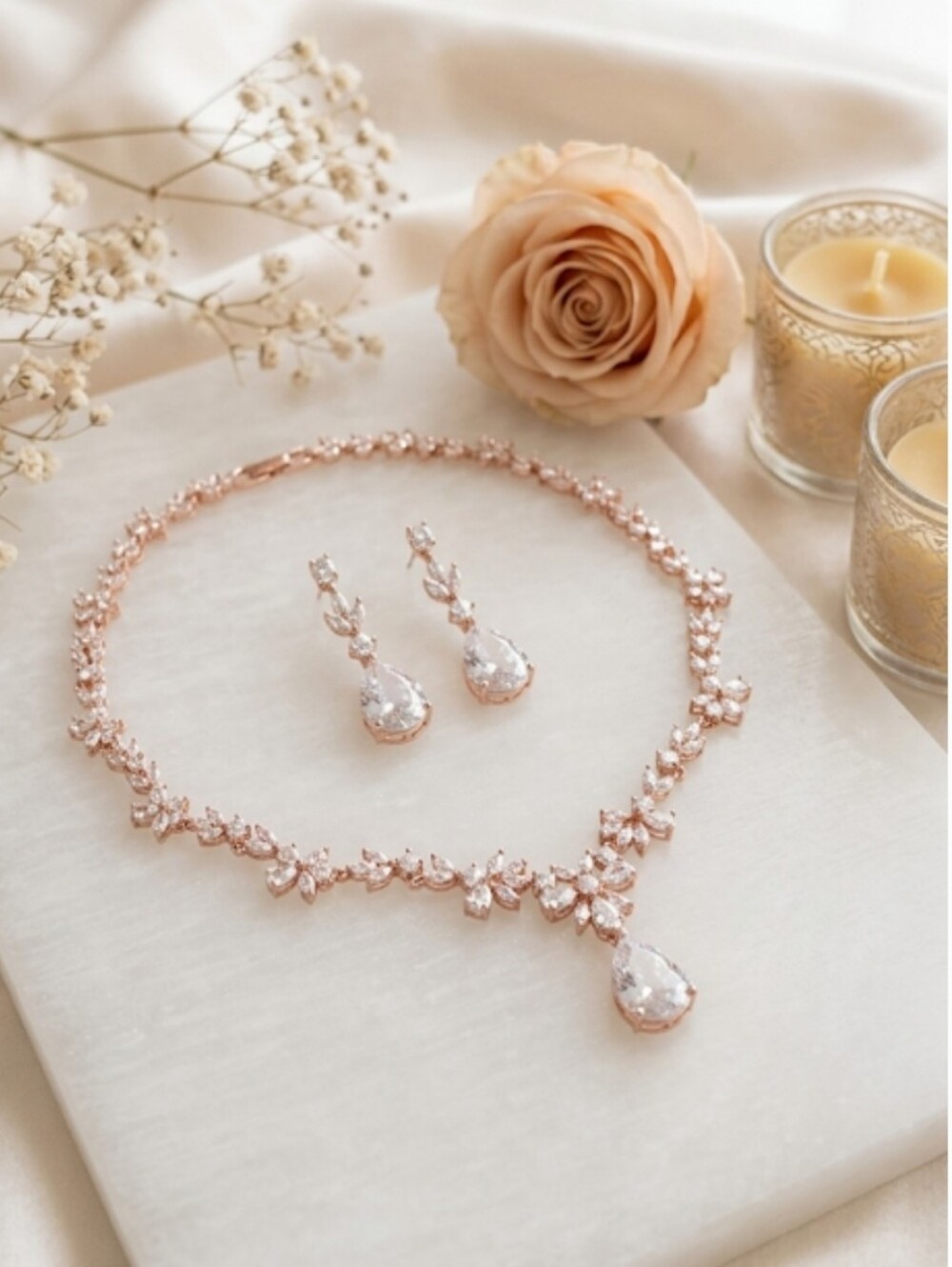 New Bridal 18k Rose Gold Finish Austrian Crystal Necklace and Earring Set